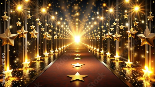 Awards ceremony background with dark corridors, spotlights, golden stars, and bokeh decoration