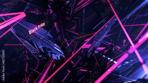 Overlapping dark indigo shapes with neon pink accents Black Friday text. background photo