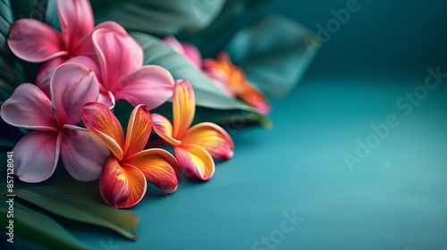 Frangipani flowers: Vibrant tropical flowers with blooming petals, the lush and colorful scene, copy space