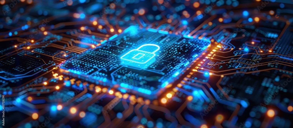 Fototapeta premium Cybersecurity: A Glowing Lock on a Circuit Board