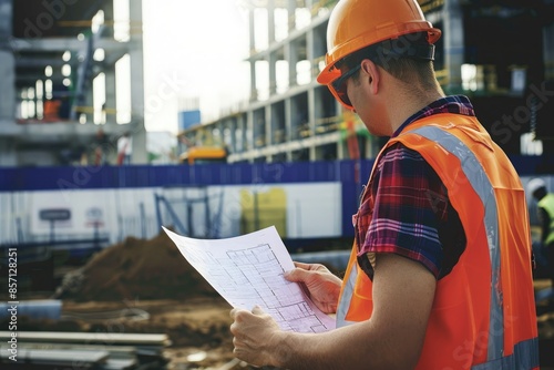 A construction site manager is looking at blueprints and design documents on the ground, wearing an orange vest with reflective stripes around his neck while standing in front of buildings being built photo