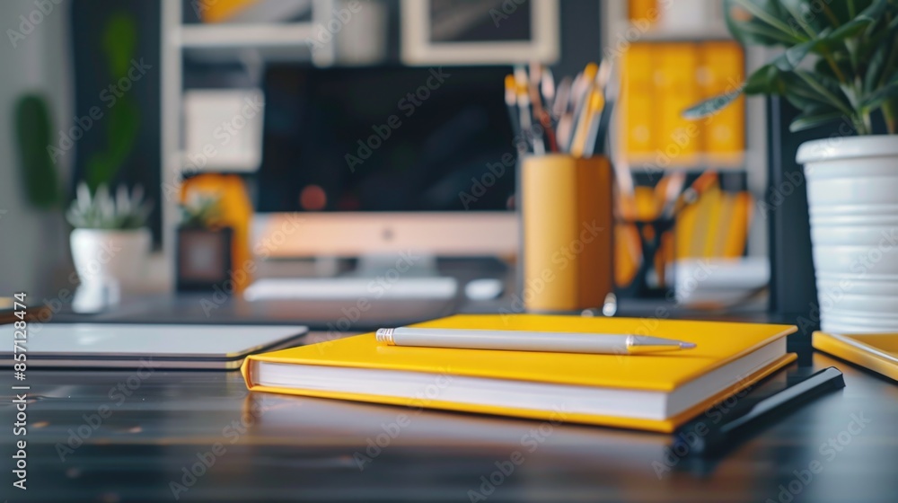 A simple office desk setup featuring a laptop, notebook, and pen A simple office desk setup featuring a laptop, notebook, and pen