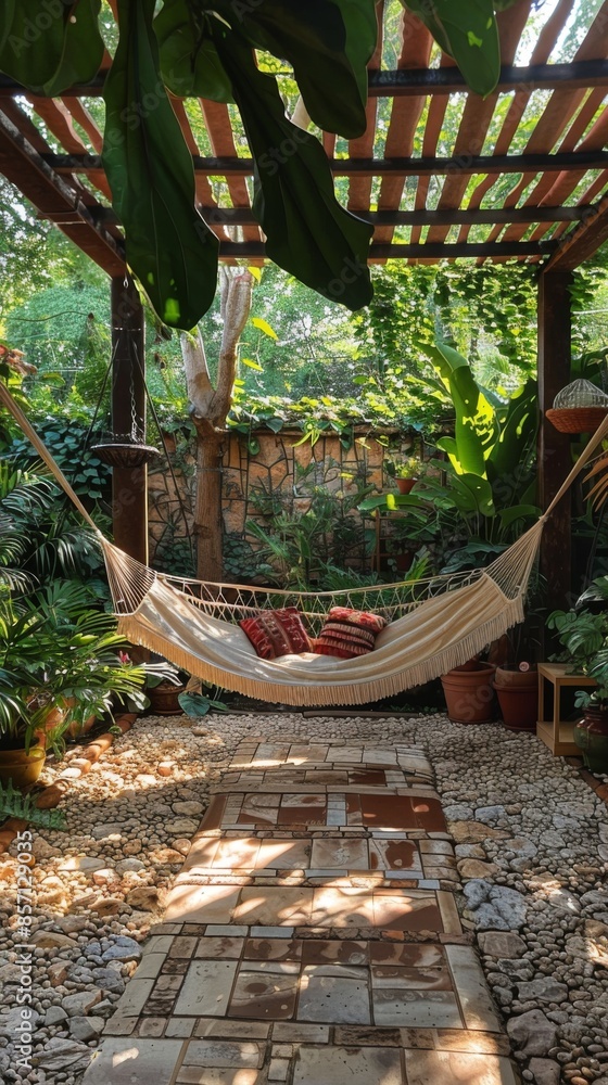 Fototapeta premium A cozy hammock in a lush garden