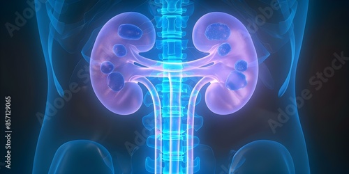 Kidney stones seen on Xray blocking ureter leading to kidney dysfunction. Concept Kidney stones, Ureter blockage, Kidney dysfunction, X-ray diagnosis photo