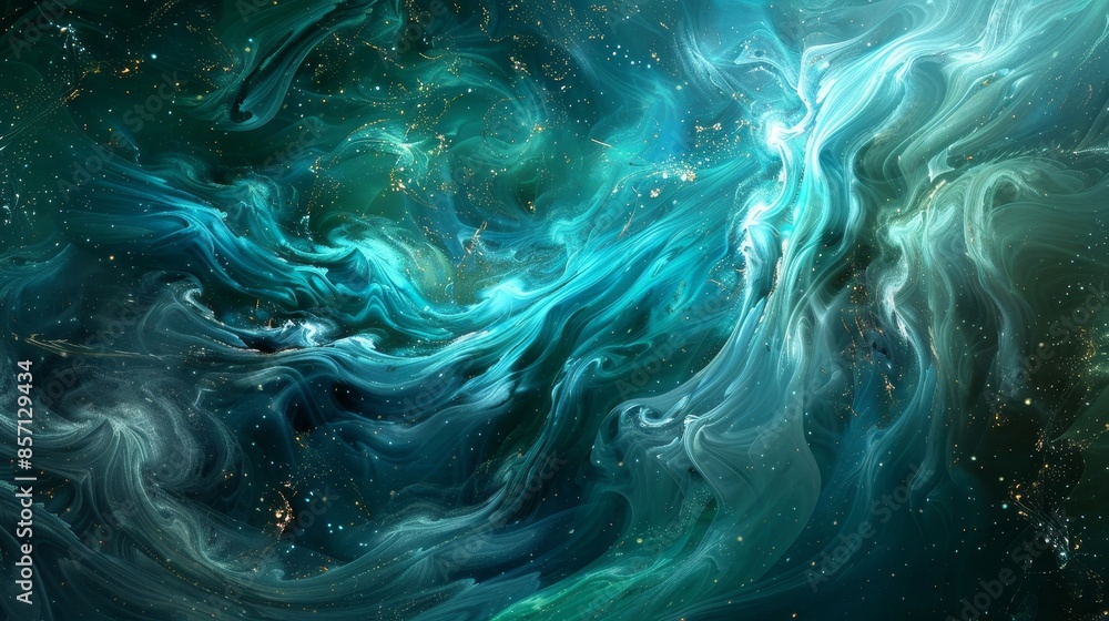 Swirling smoke-like design in dark green and blue with silver particles. background Swirling smoke-like design in dark green and blue with silver particles. background