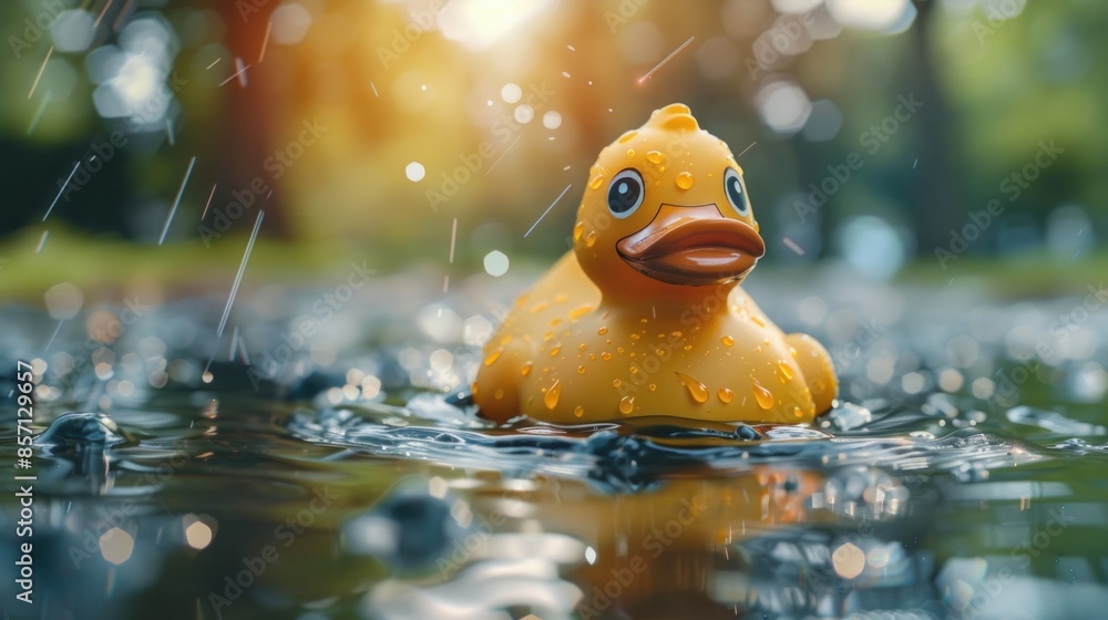 A small rubber duck is floating in a puddle of water, a simple and serene scene A small rubber duck is floating in a puddle of water, a simple and serene scene