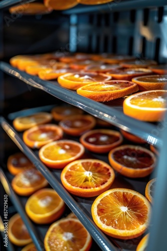 A collection of fresh oranges arranged on a wooden rack for display or sale © Fotograf