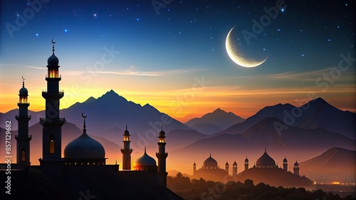 Islamic temples silhouetted against a night sky with crescent moon over mountains , night, sky, dusk, twilight, Islamic