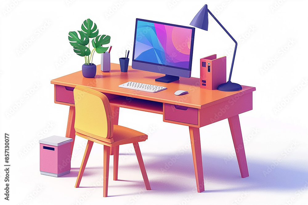 3D isometric home office mockup in cartoon style, vibrant colors, modern furniture, blank white background. 3D isometric home office mockup in cartoon style, vibrant colors, modern furniture, blank white background.