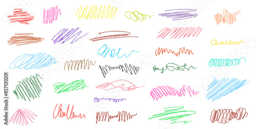 Grungy thin hand drawn scribbles, crayon hand-drawn strokes, scrawls. Set of colorful grunge elements. Crayon doodles. 