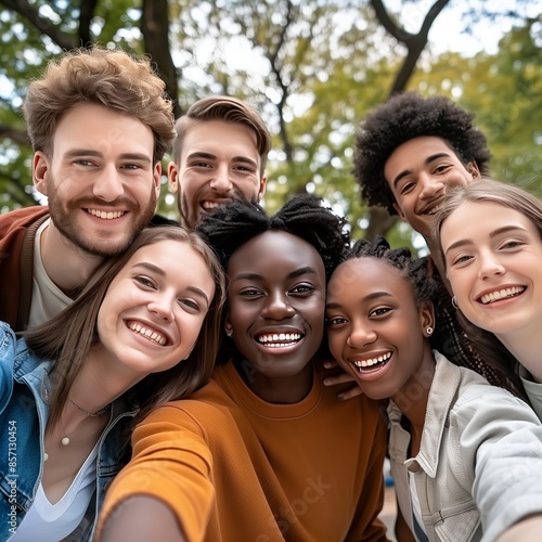 Diverse Friends Taking Smiling Group Selfie Outdoors