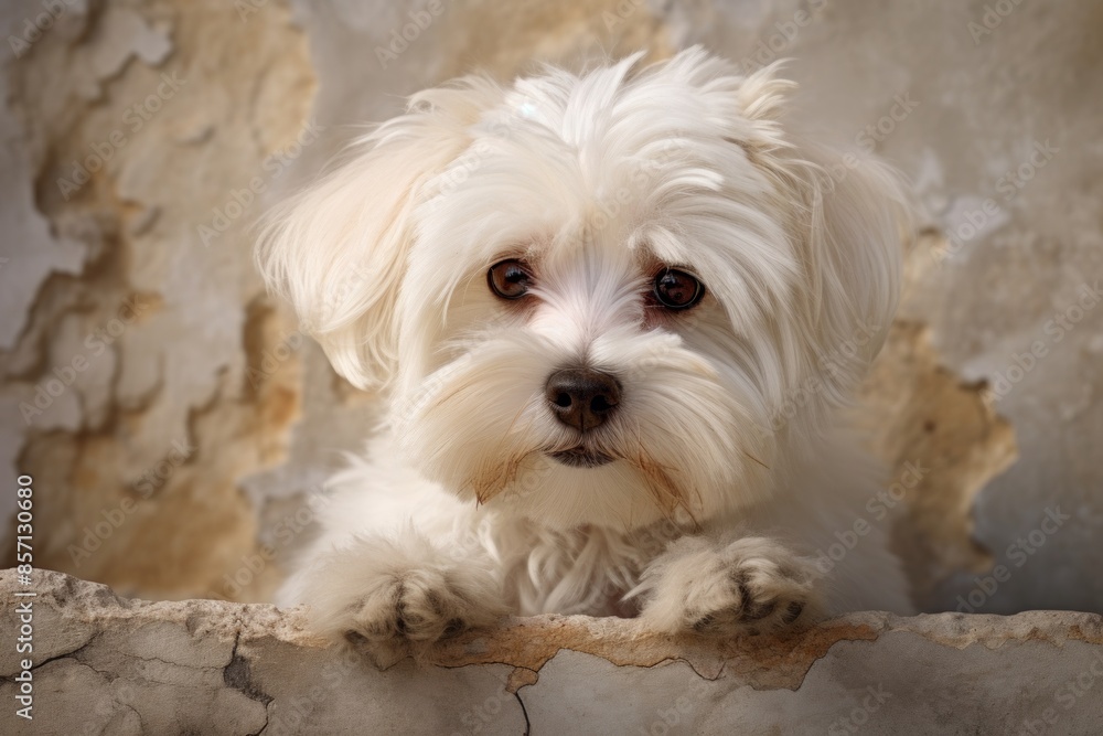 Portrait of a cute maltese over bare concrete or plaster wall Portrait of a cute maltese over bare concrete or plaster wall