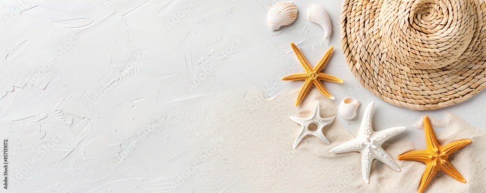 Beach hat and starfish on white sand background.