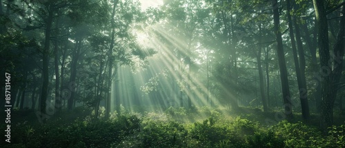 Sunbeams Through Misty Forest.