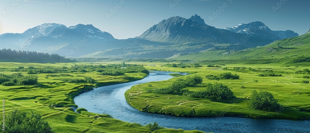 Serene River Winding Through Green Valley With Majestic Mountains in the Background. Serene River Winding Through Green Valley With Majestic Mountains in the Background.