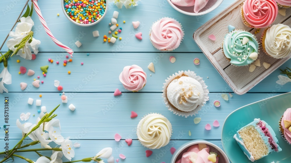 Fototapeta premium Colorful Cupcakes and Sprinkles on Blue Table