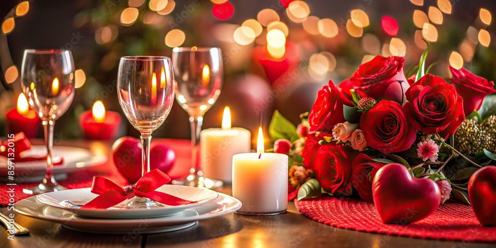 Romantic Valentine's Day dinner setting with candles, flowers, and heart-shaped decorations, Valentine's Day, romantic