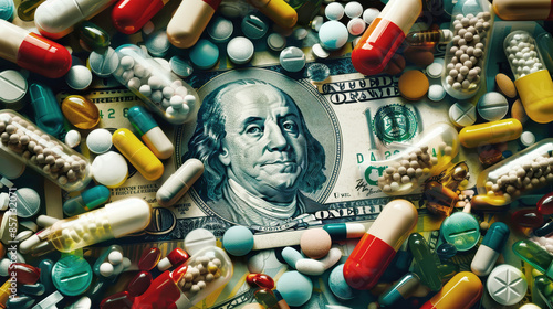 A close-up image showing a variety of pills, capsules, and a US dollar bill, representing the high cost of healthcare and medication photo