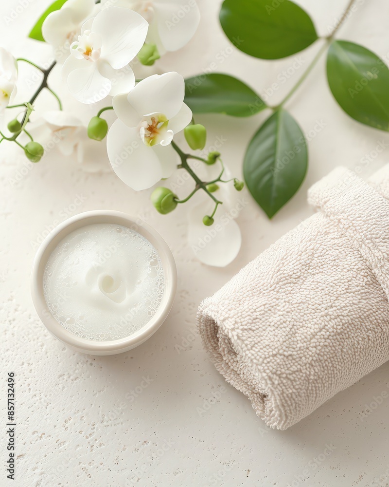 Serene spa setting with rolled towel, jar of cream, and white orchids on a white surface, perfect for wellness and relaxation themes. Serene spa setting with rolled towel, jar of cream, and white orchids on a white surface, perfect for wellness and relaxation themes.