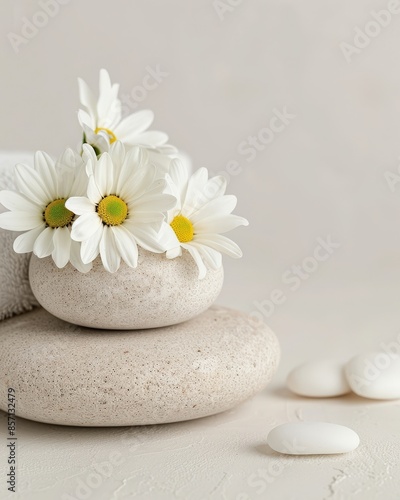 Peaceful spa scene with white daisies on smooth stones, promoting relaxation and wellness.