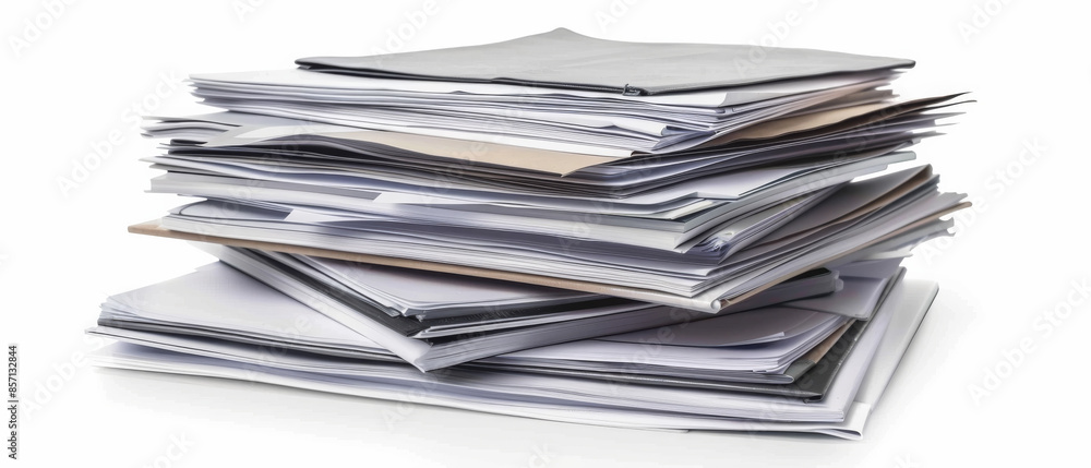 A tall, disheveled stack of assorted documents and papers, lying haphazardly on a white background, symbolizing overwhelming work or paperwork chaos. A tall, disheveled stack of assorted documents and papers, lying haphazardly on a white background, symbolizing overwhelming work or paperwork chaos.