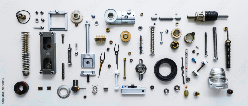 Fototapeta premium An array of precision mechanical parts and tools neatly arranged on a white surface, showcasing variety and intricacy.