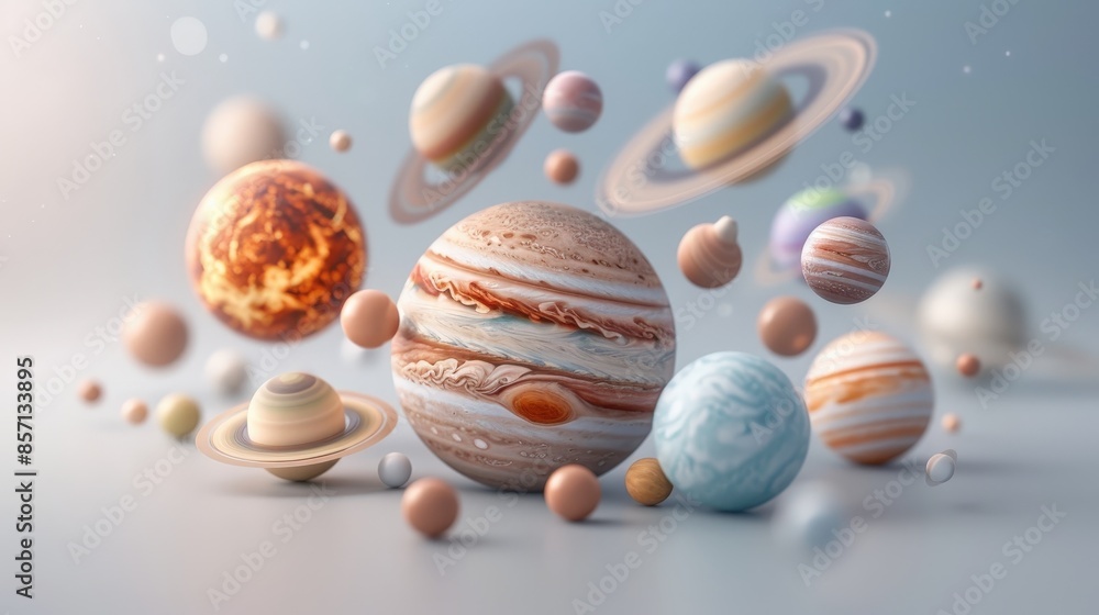 Colorful, detailed render of our Solar System's planets and celestial objects floating in space with a soft gradient background. Colorful, detailed render of our Solar System's planets and celestial objects floating in space with a soft gradient background.