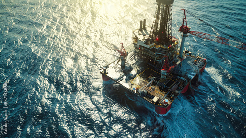 A large oil rig stands in the ocean, bathed in the golden light of the setting sun. The rigs massive structure and powerful cranes are visible against the backdrop of the blue water