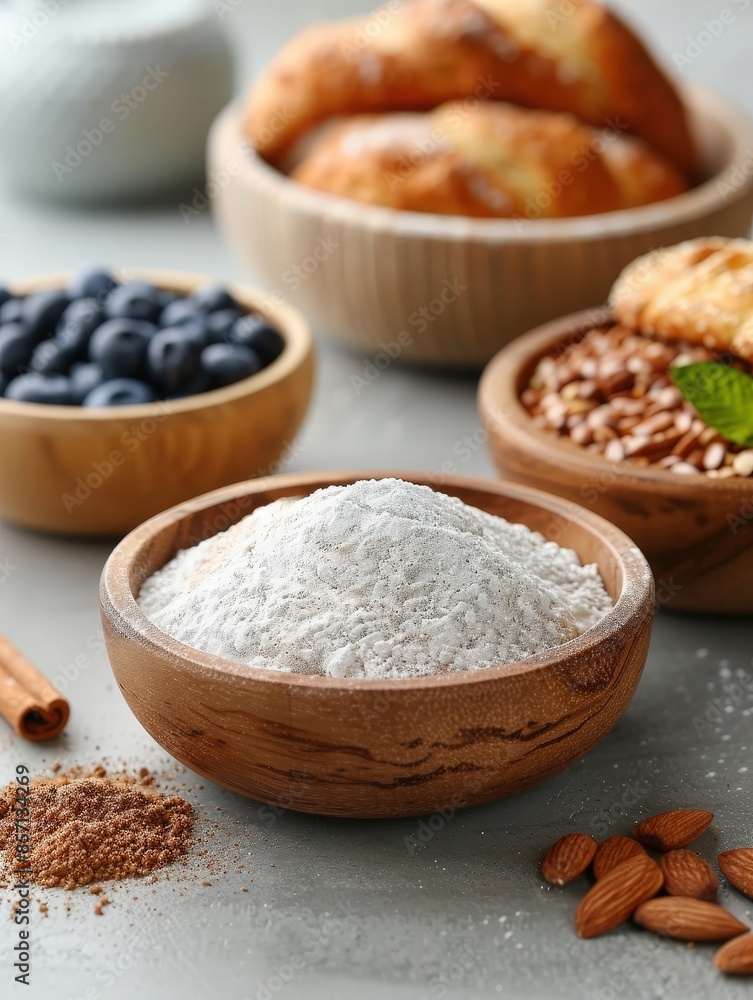 Ingredients for baking including flour, blueberries, cinnamon, and nuts in wooden bowls with pastries in the background. Ingredients for baking including flour, blueberries, cinnamon, and nuts in wooden bowls with pastries in the background.