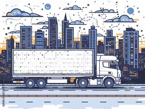 A white semi truck is driving down a city street. The city is lit up at night, and the truck is the only vehicle on the road