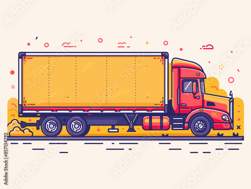 A red semi truck is driving down a road. The truck is yellow and has a white stripe down the middle. The truck is moving quickly and he is in motion