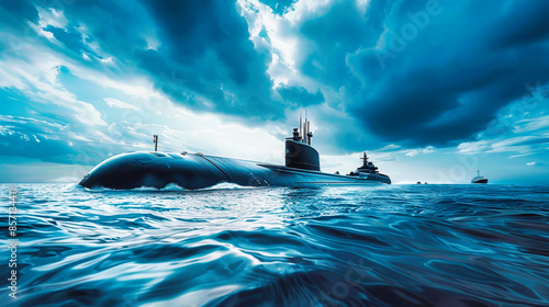 A submarine sails through the ocean, the dark grey hull contrasting with the deep blue water and dramatic sky