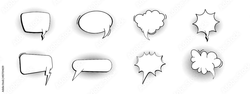 Comic speech bubble cloud with halftone, empty frame for text, boom or pow sound effects in pop art style. Set dialog balloons. Comic speech bubble cloud with halftone, empty frame for text, boom or pow sound effects in pop art style. Set dialog balloons.