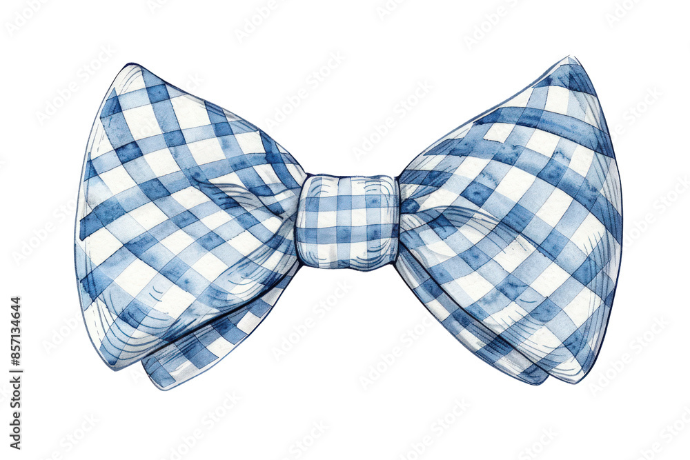 A blue and white checkered bow tie is drawn in watercolor. The checkered pattern gives the tie a classic and timeless look A blue and white checkered bow tie is drawn in watercolor. The checkered pattern gives the tie a classic and timeless look