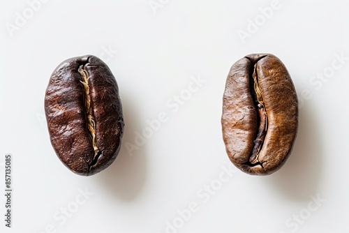 One robusta bean and one arabica bean on a white background, close-up, top view, macro