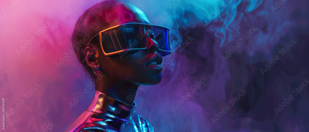 Obraz premium A futuristic portrait of a woman in neon lighting with oversized shades, surrounded by misty pink and blue smoke, creating a captivating, surreal atmosphere.