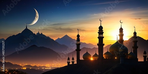 Islamic temples silhouetted against night sky with crescent moon over mountains, Islam, mosque, dome, crescent moon
