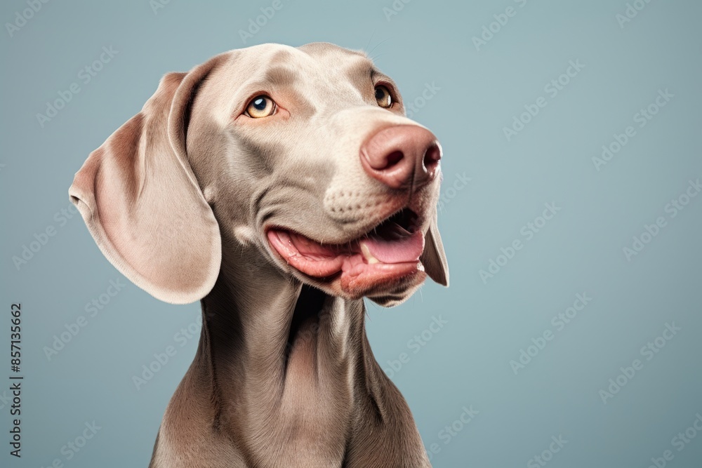 Portrait of a smiling weimaraner dog on blank studio backdrop Portrait of a smiling weimaraner dog on blank studio backdrop