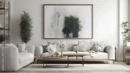 A living and dining area room in minimalist style. With warm tones and wood materials, on parquet floors, White studio interior with chill area and sofa with coffee table, 3d render stock photo