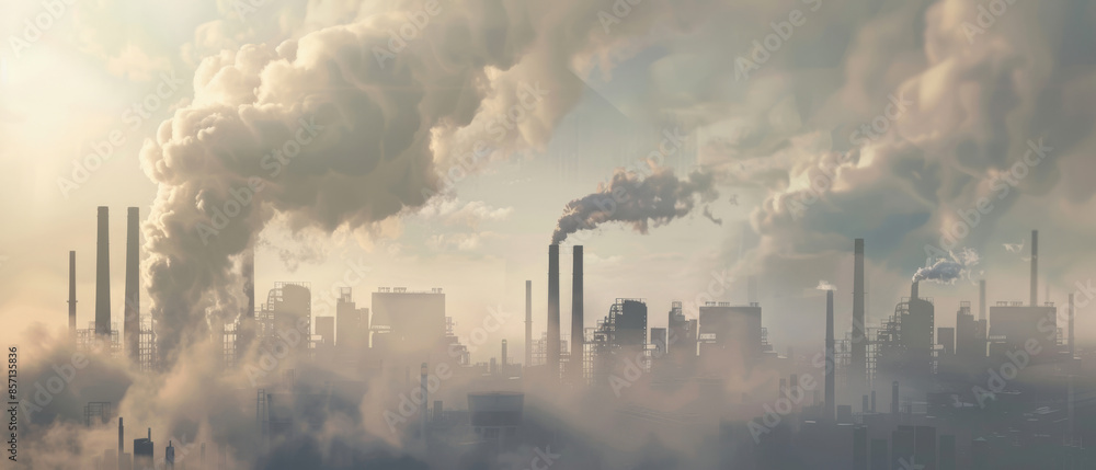 Obraz premium A hazy cityscape with numerous industrial smokestacks releasing thick clouds, evoking concerns of pollution, environmental impact, and urban life.