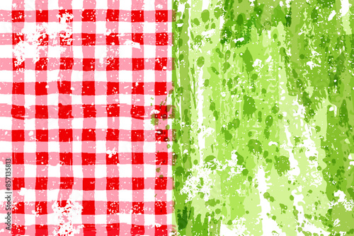 Picnic watercolor texture. Horizontal spring or summer background with tablecloth on green grass. Vector poster or banner with brush painted red gingham plaid on lawn