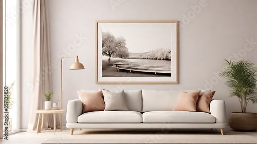 A living and dining area room in minimalist style. With warm tones and wood materials, on parquet floors, 3d render stock photo