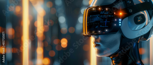 A futuristic scene with a person wearing a VR headset, illuminated by neon lights, conveying an advanced virtual reality experience.