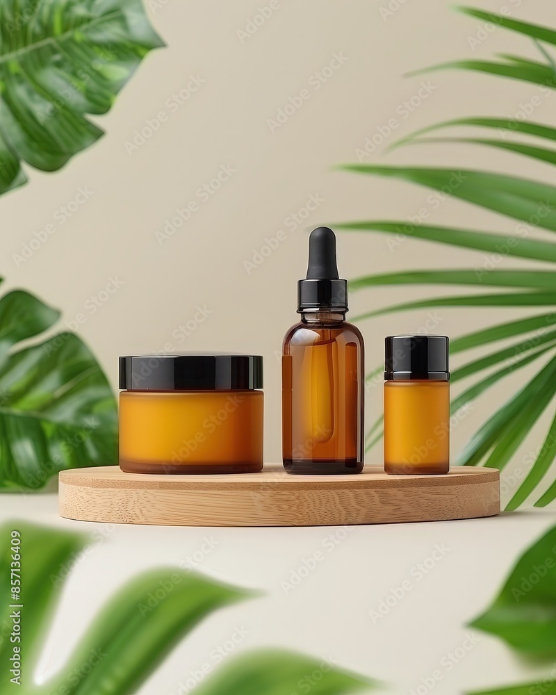 Set of amber glass skincare bottles with natural ingredients surrounded by green leaves. Perfect for cosmetic product displays. Set of amber glass skincare bottles with natural ingredients surrounded by green leaves. Perfect for cosmetic product displays.