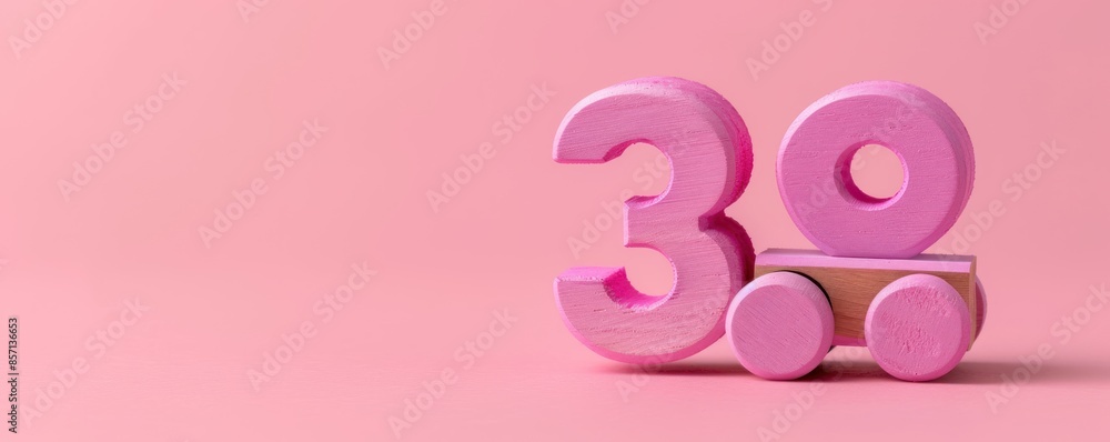 Pink wooden toy train with numbers 3 and 0 on a pink background. Pink wooden toy train with numbers 3 and 0 on a pink background.