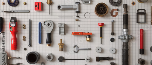 An organized array of various tools neatly arranged on a grid-patterned background, showcasing a well-kept workshop or tool collection. © Ai Studio