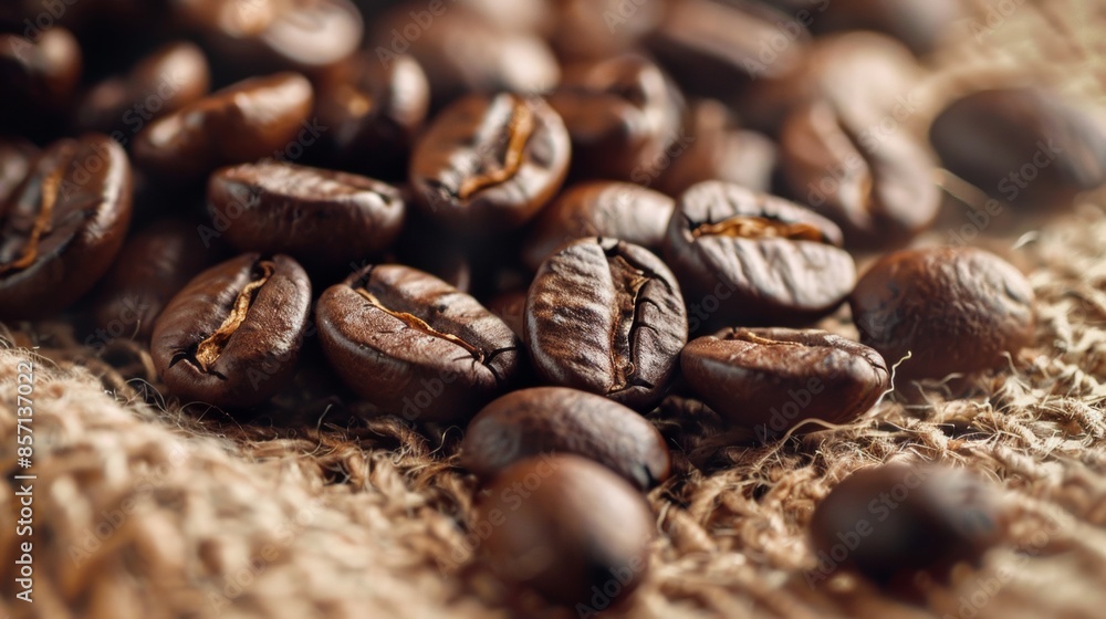 Close-up of Roasted Coffee Beans on Burlap Close-up of Roasted Coffee Beans on Burlap