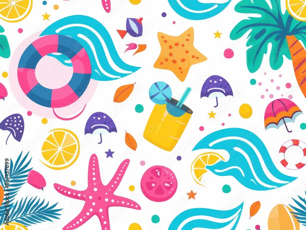 Colorful summer beach pattern with sea elements like starfish, waves, cocktail, palm tree, and seashells in a vibrant, playful design. Colorful summer beach pattern with sea elements like starfish, waves, cocktail, palm tree, and seashells in a vibrant, playful design.