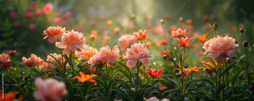 Blooming garden with peonies and lilies Blooming garden with peonies and lilies