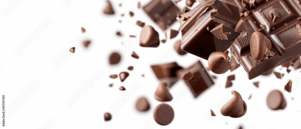 Delicious chocolate chunks and pieces scattered on a white background. Perfect for dessert, confectionery, and food-related themes. Delicious chocolate chunks and pieces scattered on a white background. Perfect for dessert, confectionery, and food-related themes.